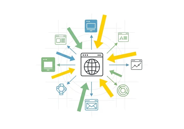 An abstract visualization of websites casting votes for a central website