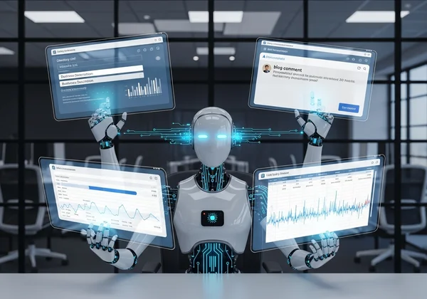AI robot automating backlink building process on a screen
