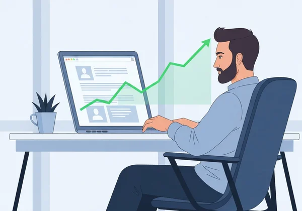 User at laptop, backlink growth strategy